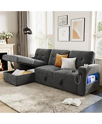 gaomon 84" Sleeper Sofa with Storage and Charging Station, Convertible Sectional Couch Bed Led Lights, Reversible Chaise, Pull Out