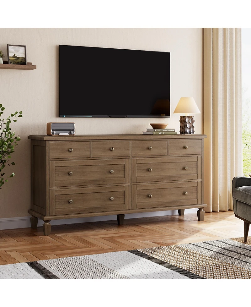 gaomon Bedroom 59" 8-Drawer Dresser Tv Stand, Wood Storage Chest with Carved Handles and Tapered Legs.