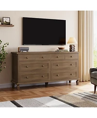 gaomon Bedroom 59" 8-Drawer Dresser Tv Stand, Wood Storage Chest with Carved Handles and Tapered Legs.