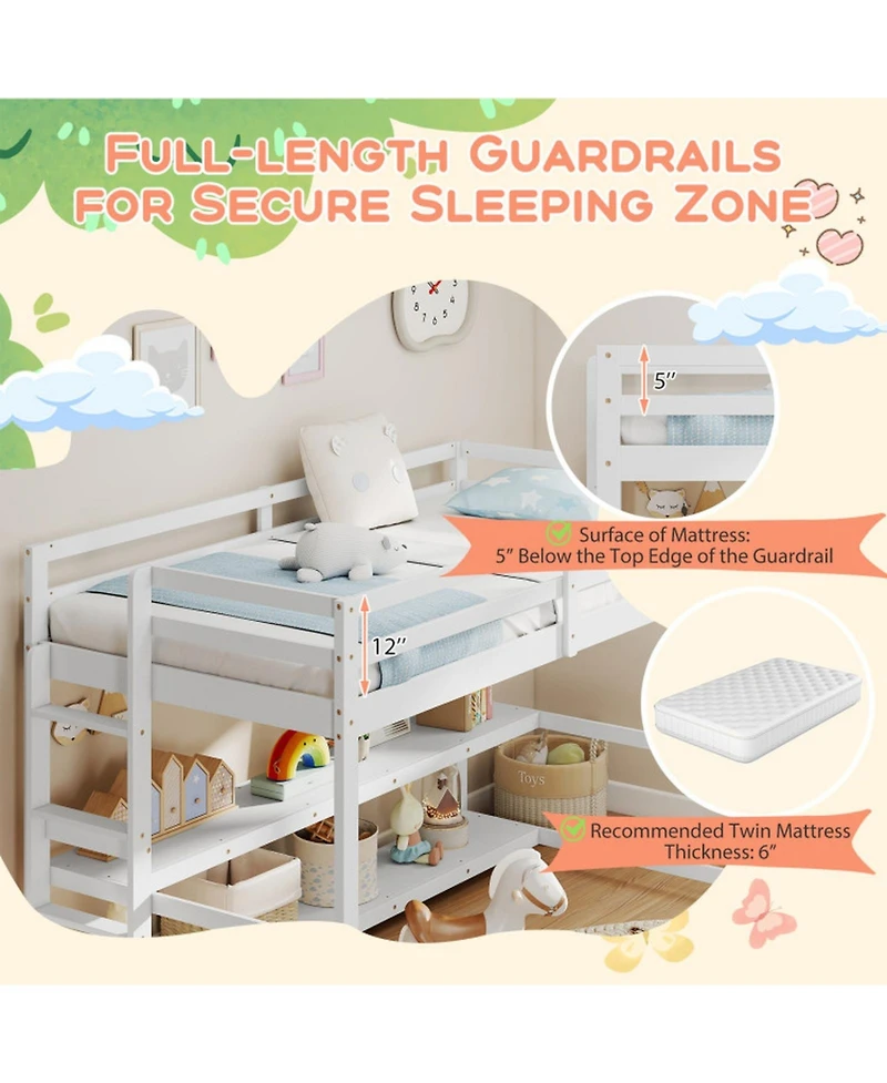 Gouun Kids Loft Bed with Storage Shelves and Safety Guardrails