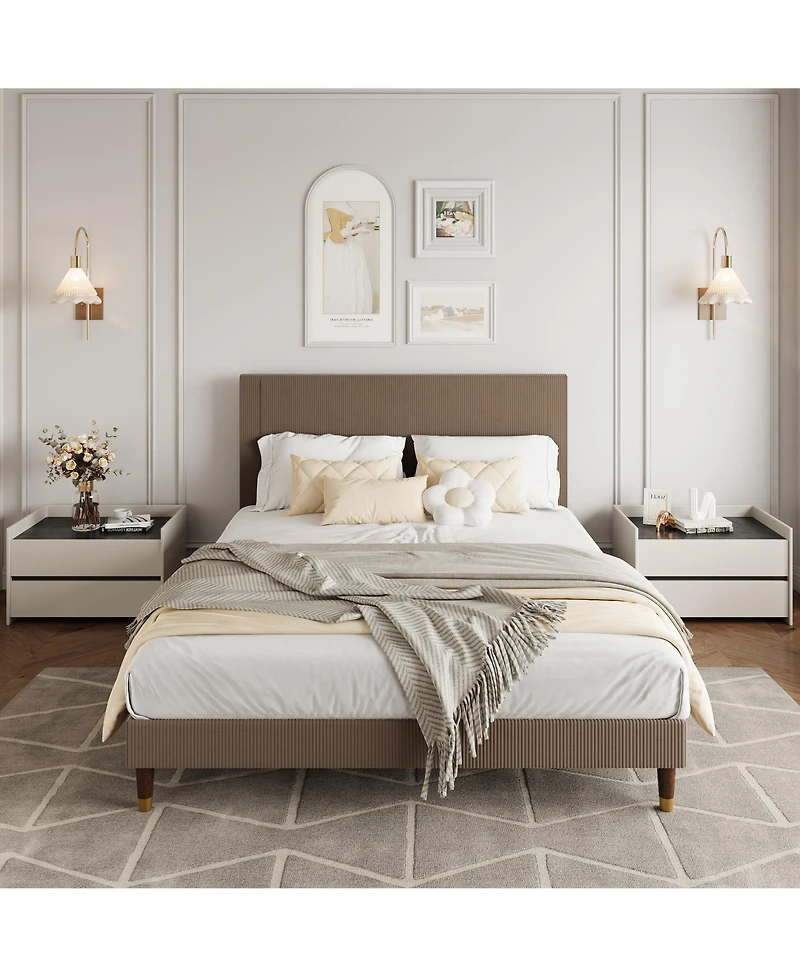 Homfan Upholstered Platform Bed Frame with Headboard - Modern Low Profile, Sturdy Metal and Wooden Slats, Noise-Free