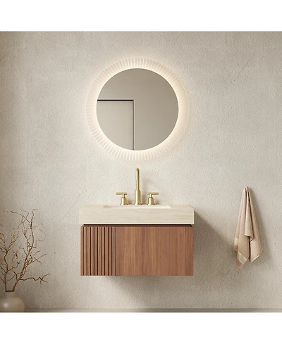 Busdays 30 Inch Floating Bathroom Vanity with Sink Plywood Cabinet Roma Travertine Stone Top Ceramic Basin 3 Pre Drilled Holes Brown Oak