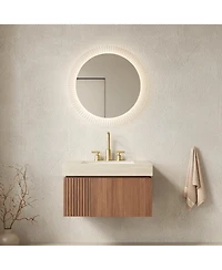 Busdays 30 Inch Floating Bathroom Vanity with Sink Plywood Cabinet Roma Travertine Stone Top Ceramic Basin 3 Pre Drilled Holes Brown Oak