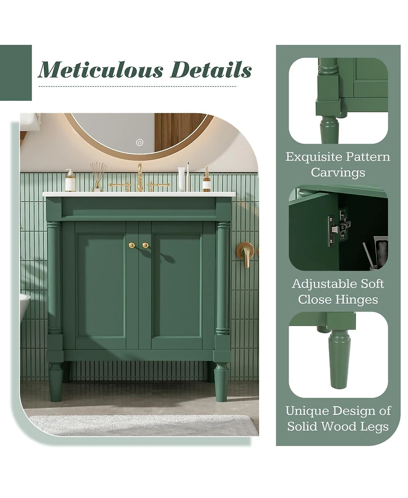 Sillysis Bathroom Vanity with Ceramic Sink, Modern White Freestanding Cabinet, Soft Closing Doors and Adjustable Shelf for Small Spaces-Sillysis