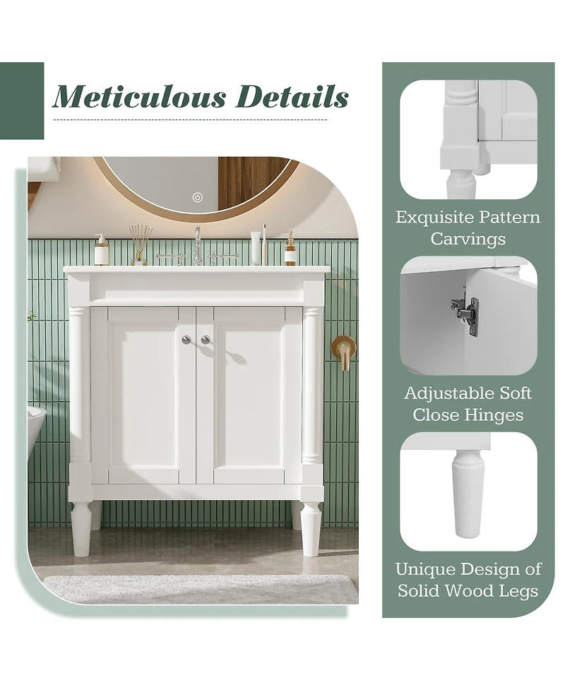 Sillysis Bathroom Vanity with Ceramic Sink, Modern White Freestanding Cabinet, Soft Closing Doors and Adjustable Shelf for Small Spaces-Sillysis