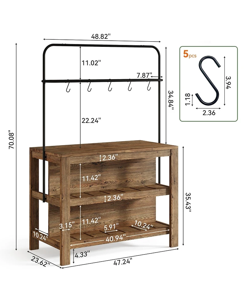Tribesigns 3-Tier Solid Wood Bar Table, 47'' Industrial Home Bar Unit with Storage Shelves and Metal Rack with 5 hooks