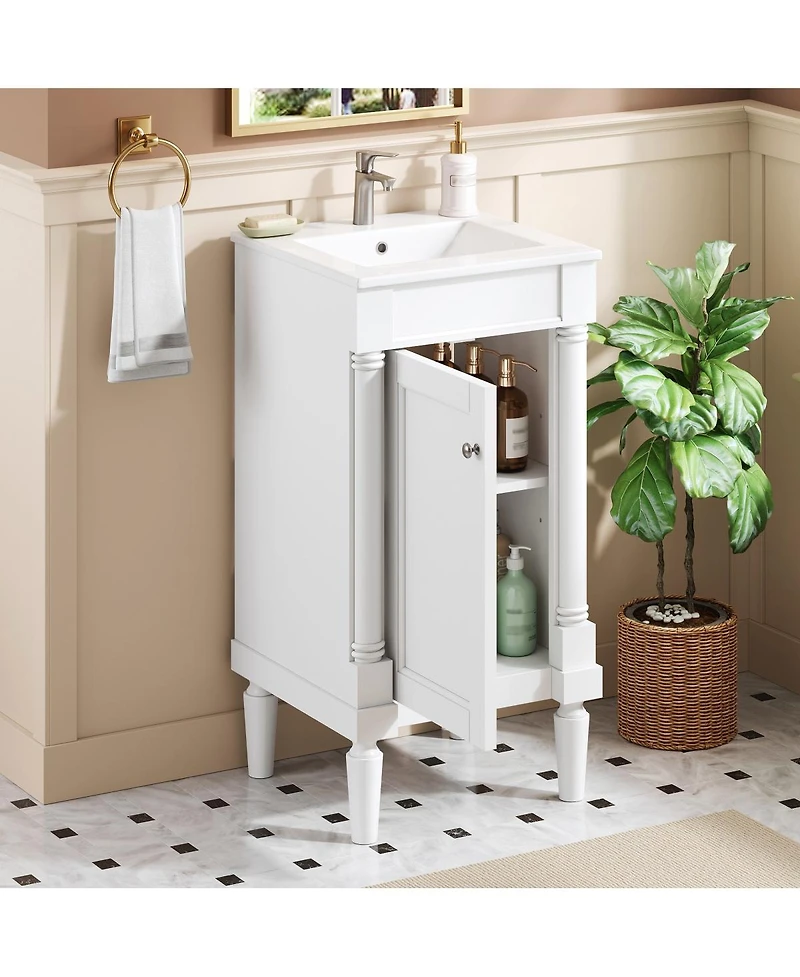 Sillysis 18 Inch French Bathroom Vanity with Ceramic Sink, Modern Freestanding Cabinet, Soft Close Door and Adjustable Storage for Small Spaces