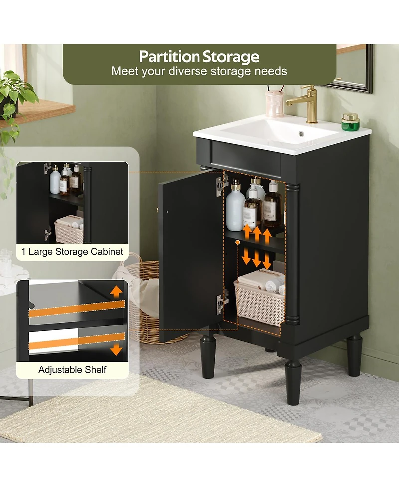 Sillysis 18 Inch French Bathroom Vanity with Ceramic Sink, Modern Freestanding Cabinet, Soft Close Door and Adjustable Storage for Small Spaces