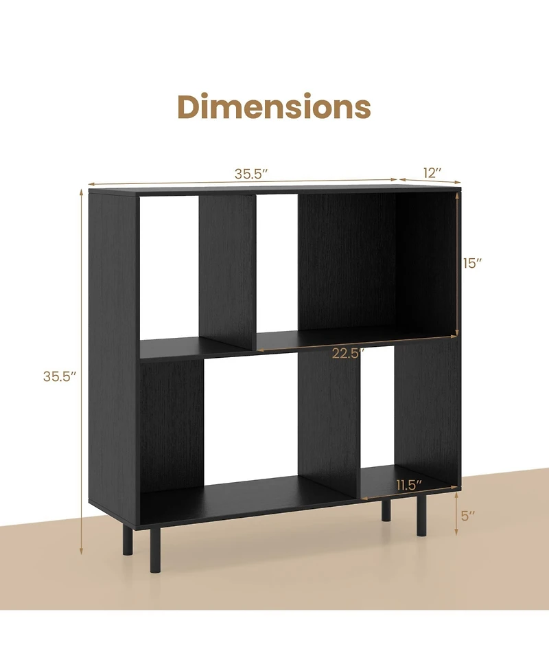 Gouun 4-Compartment Open Shelf Bookcase with Metal Legs, 35.5 x 12 x 35.5 in