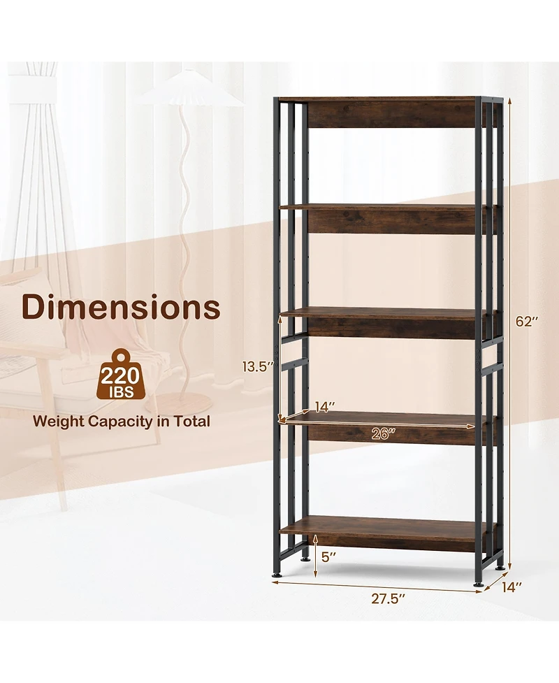 Gouun 5-Tier Adjustable Bookshelf with Tiltable Shelves and Metal Frame