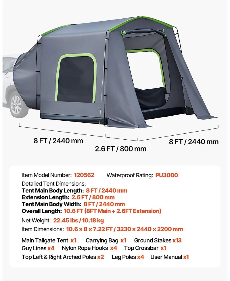 Mecale 10.6x8 Ft Suv Tailgate Tent 5-9 Person PU3000 Waterproof