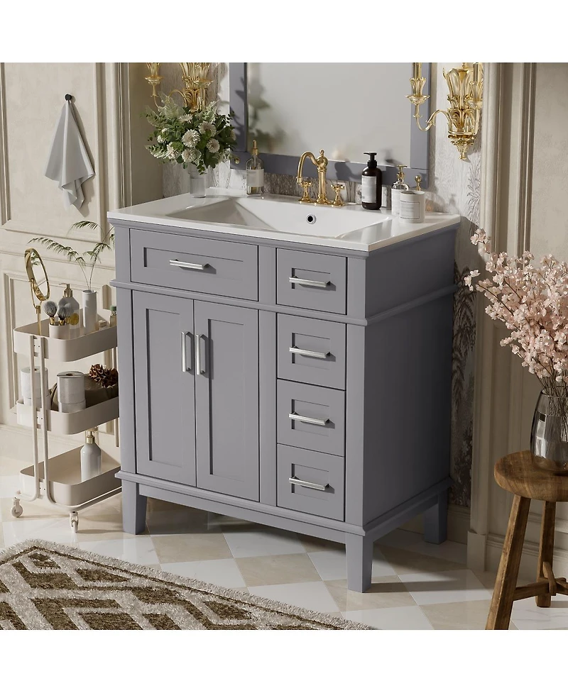 Sillysis 30 Inch Modern Bathroom Vanity with Ceramic Sink, Solid Wood Mdf Freestanding Cabinet, Soft Close Drawers for Small Spaces