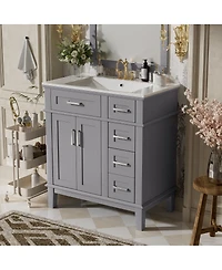 Sillysis 30 Inch Modern Bathroom Vanity with Ceramic Sink, Solid Wood Mdf Freestanding Cabinet, Soft Close Drawers for Small Spaces