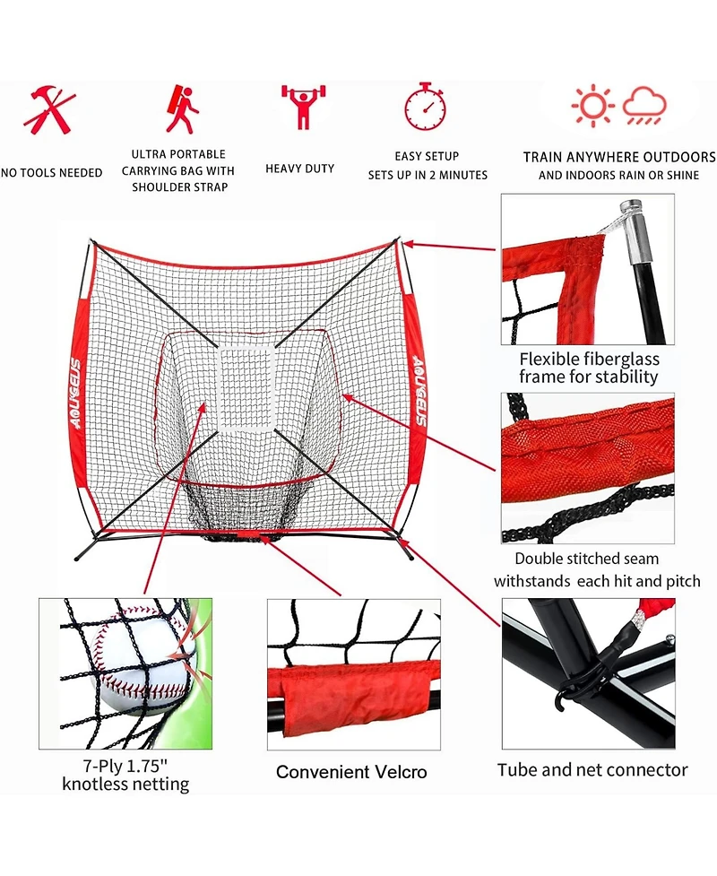 Aoligeijs Baseball Softball Practice Net,Pitching Net,Batting Net,with Baseball Tee,Bonus Strike Zone and Bow Frame