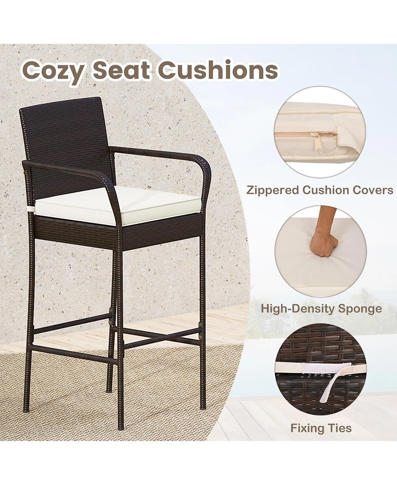 Sugift Patio Rattan Bar Height Table and Chairs with 2 Seat Cushions for Porch