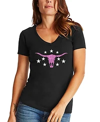 La Pop Art Women's Cowgirl Cowskull Word V-Neck T-shirt