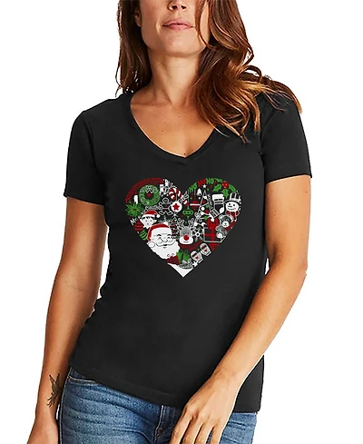 La Pop Art Women's Christmas Themed Heart Word V-Neck T-shirt