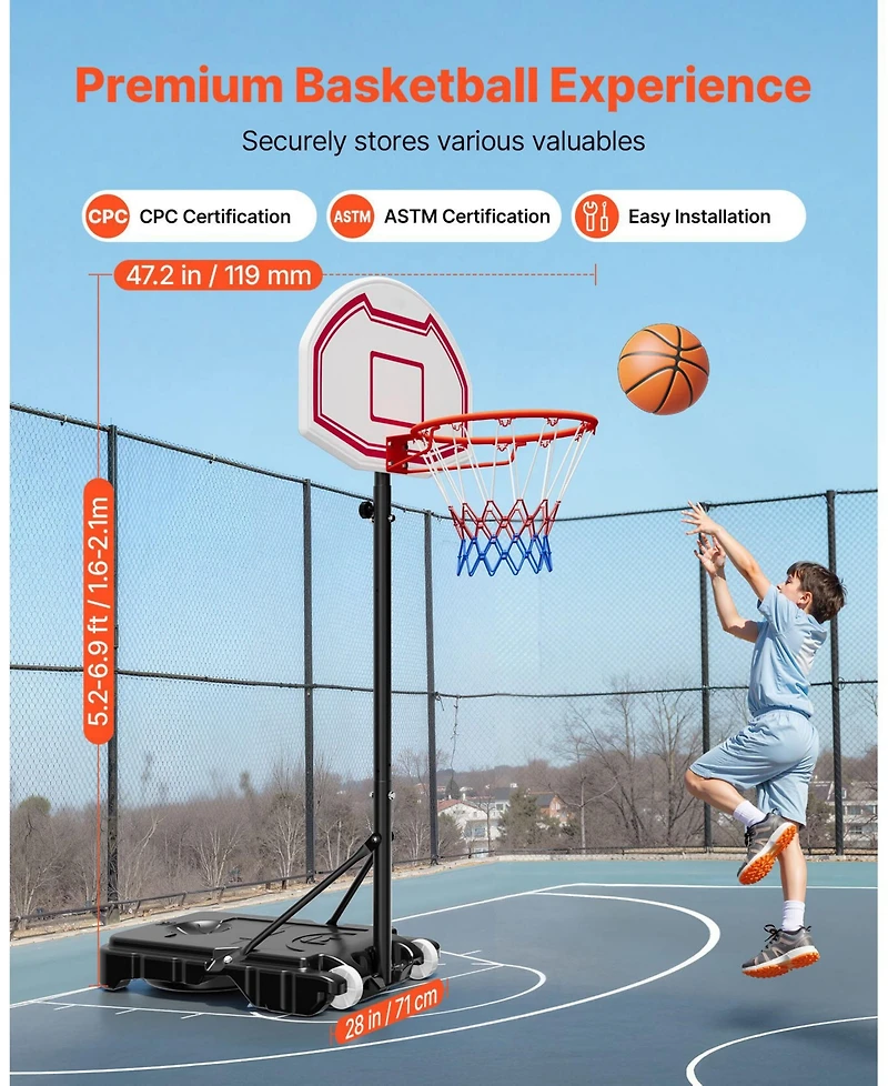 Mecale Kids Basketball Hoop, 5.2-6.9 ft Height Adjustable Stand with Rolling Wheels, Nylon Net, Portable Backboard Set