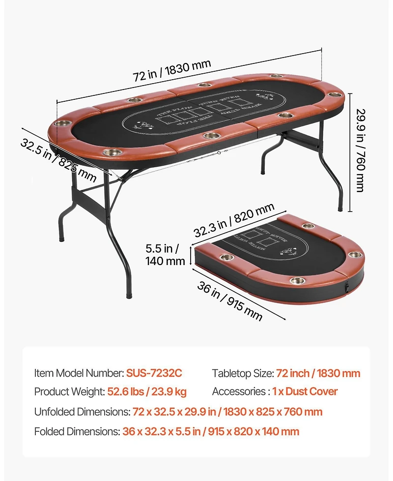 Mecale Foldable Poker Table for 8 Players with Cup Holders and Padded Rails