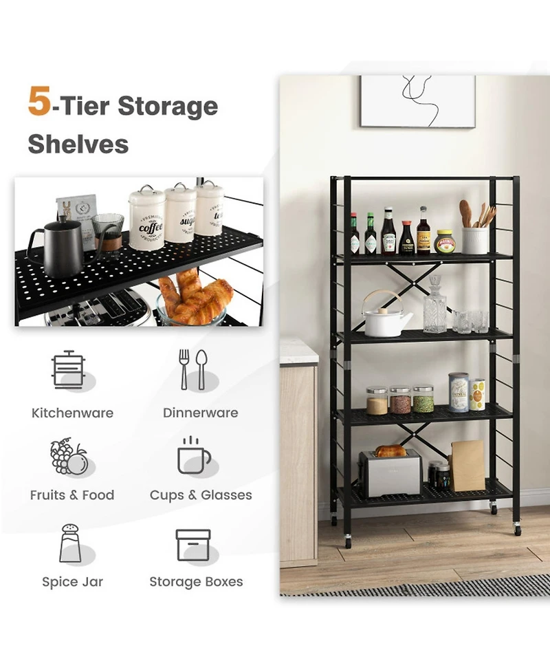 Gouun 5-Tier Foldable Metal Storage Shelving Unit on Wheels