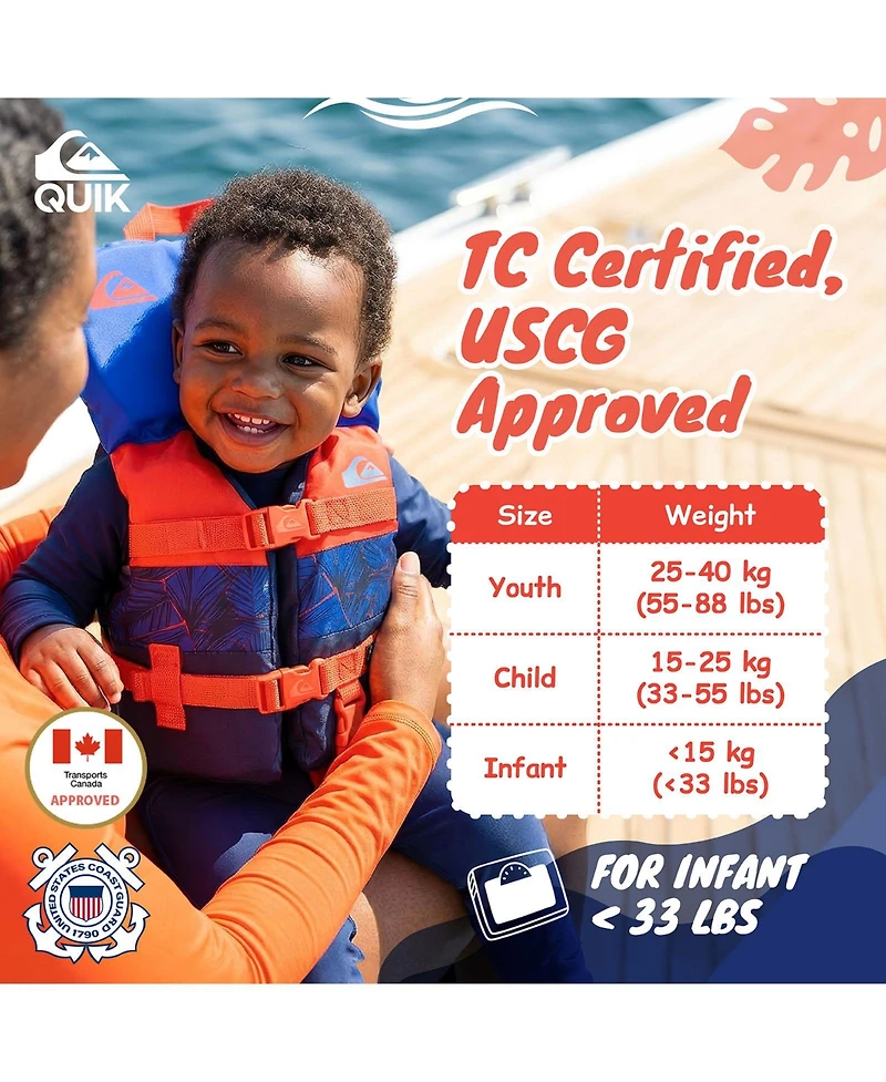 Quiksilver Infant Life Vest Uscg Approved with Quick-Release Buckles and Leg Strap, Upright Flotation and Grab Handle, for Boating, Fishing