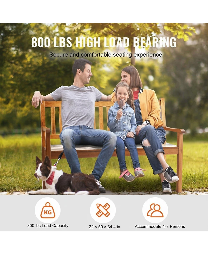 Gouun 50 in Wood Garden Bench with Backrest and Armrests, 800 lbs Capacity