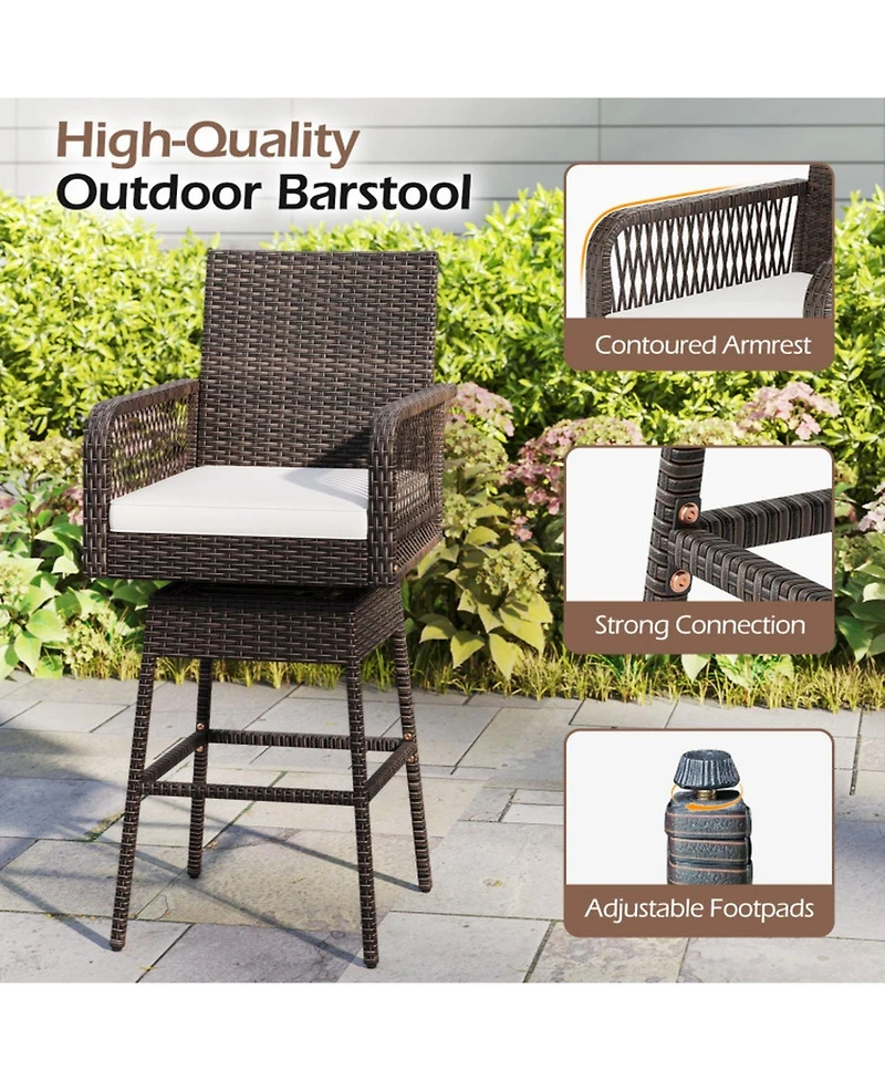Gouun 360-Degree Swivel Pe Rattan Bar Stool with Cross-Woven Armrests and Removable Seat Cushion