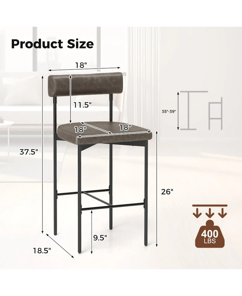 Gouun Upholstered Counter Height Bar Stool Set of 2 with Padded Backrest and Metal Frame