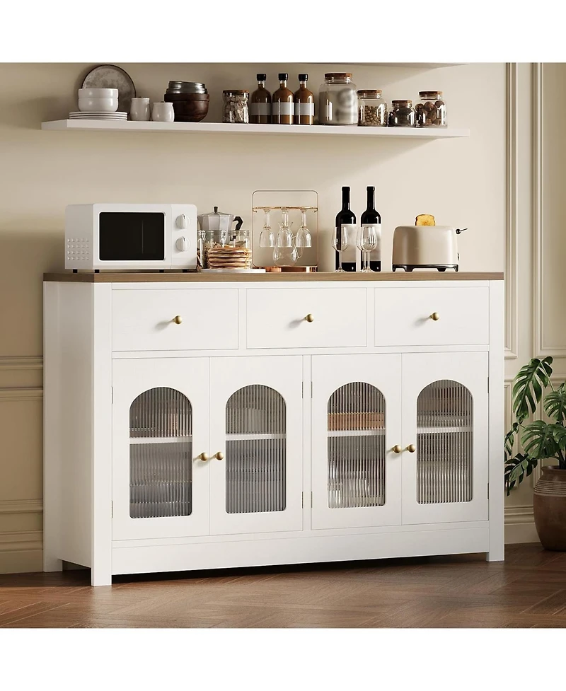 gaomon Farmhouse Large Buffet Sideboard Cabinet with Four Doors Three Drawers Adjustable Shelves and Fluted Acrylic Doors
