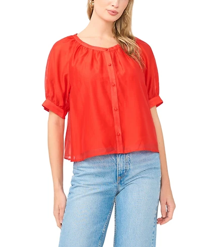 Vince Camuto Women's Crewneck Button Down Short-Sleeve Flowy Top