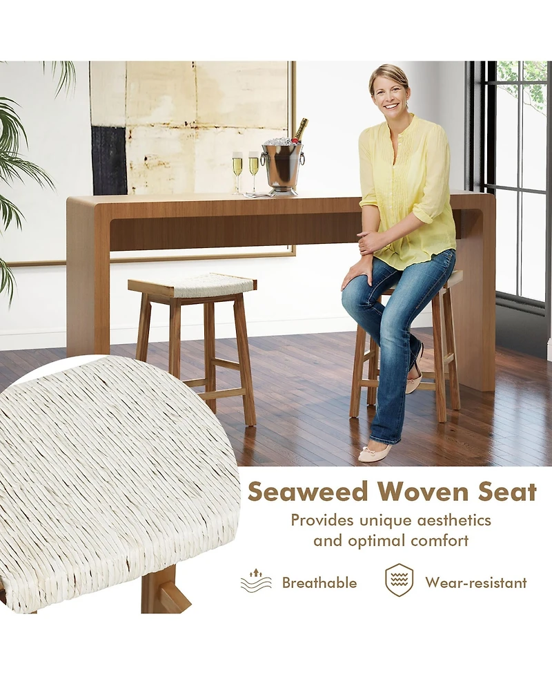 Gymax Set of 4 Saddle Bar Stools 25.5'' Counter Height Dining Stools w/ Seaweed Woven Seat