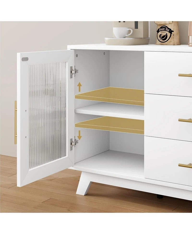 gaomon Modern Sideboard Buffet Cabinet with 3 Drawers Adjustable Shelves and Fluted Glass Doors