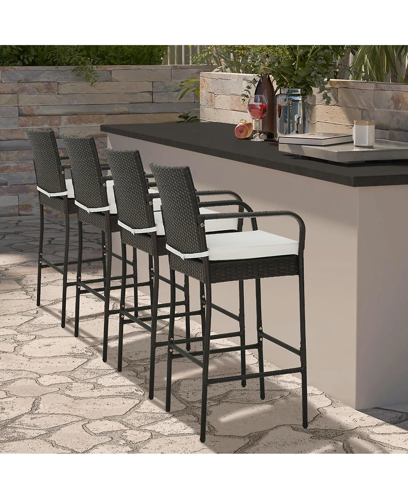 Gymax 4PCS Patio Pe Wicker Bar Chairs Counter Height Barstools With Armrests and Cushions