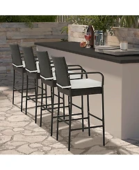 Gymax 4PCS Patio Pe Wicker Bar Chairs Counter Height Barstools With Armrests and Cushions