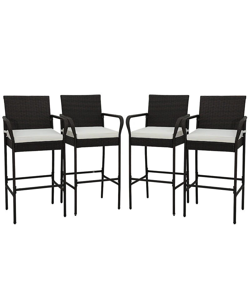 Gymax 4PCS Patio Pe Wicker Bar Chairs Counter Height Barstools With Armrests and Cushions