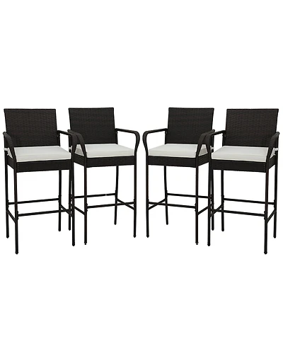 Gymax 4PCS Patio Pe Wicker Bar Chairs Counter Height Barstools With Armrests and Cushions