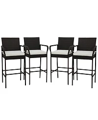 Gymax 4PCS Patio Pe Wicker Bar Chairs Counter Height Barstools With Armrests and Cushions