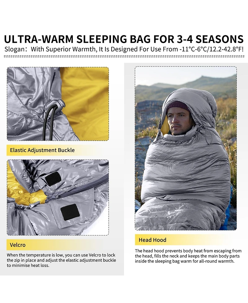 Naturehike Ultralight Down Sleeping Bag, 650FP, 3-4 Season, Adults, 32-42, Waterproof, Compact, Camping