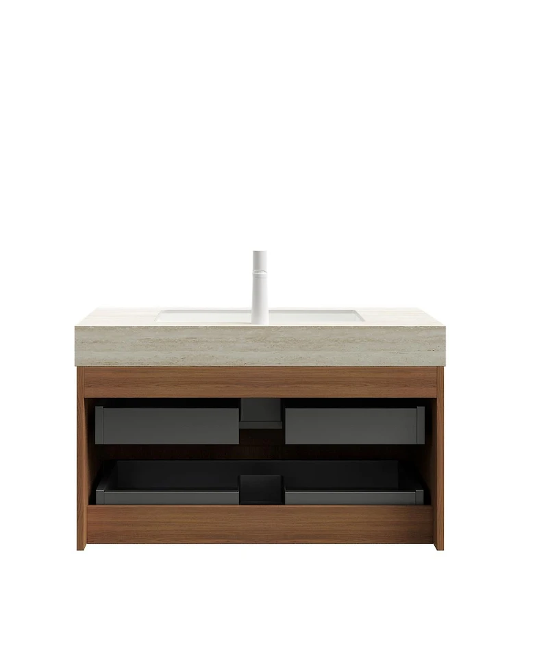 Sillysis Floating Bathroom Vanity with Roma Travertine Sintered Stone Top, Solid Wood Drawer, Plywood Cabinet