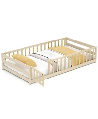 Costway Twin Size Floor Bed with Door & Fence with Safety Guardrails & Slats Support