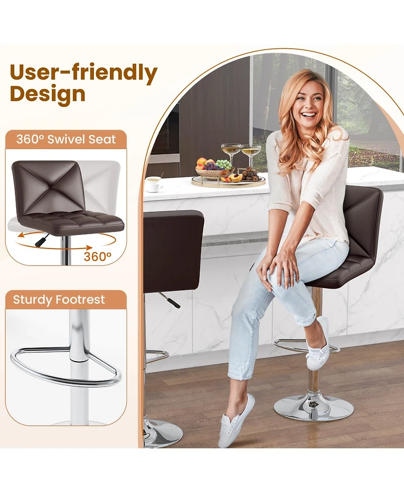 Sugift Pu Leather Upholstered Bar Stools Set of 2 with Back and Adjustable Height