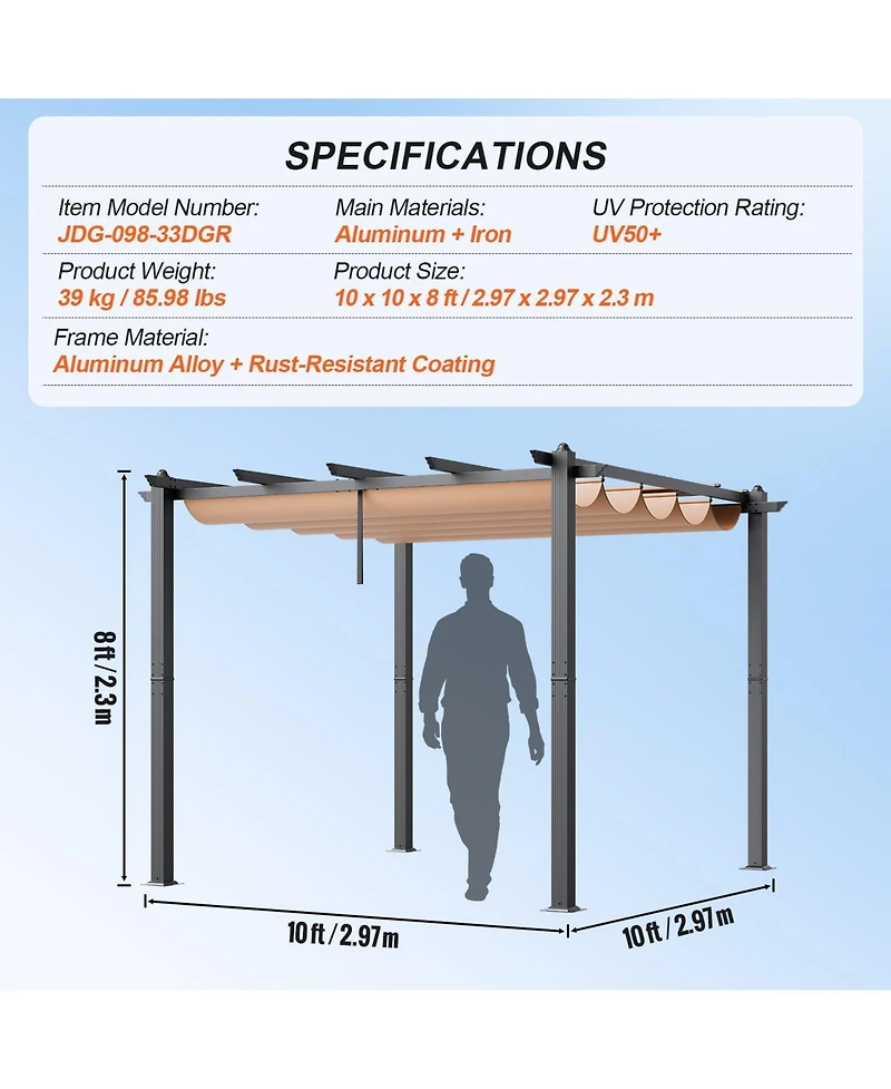 Mecale 10 x 10 Ft Outdoor Retractable Aluminum Pergola with Canopy
