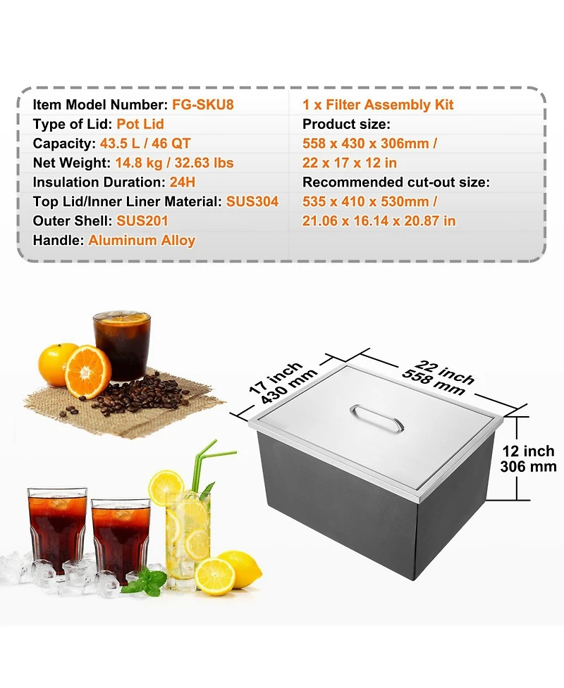 Mecale 22 x 17 x 12 Inch Drop-In Stainless Steel Ice Chest, 40 Qt with Lid