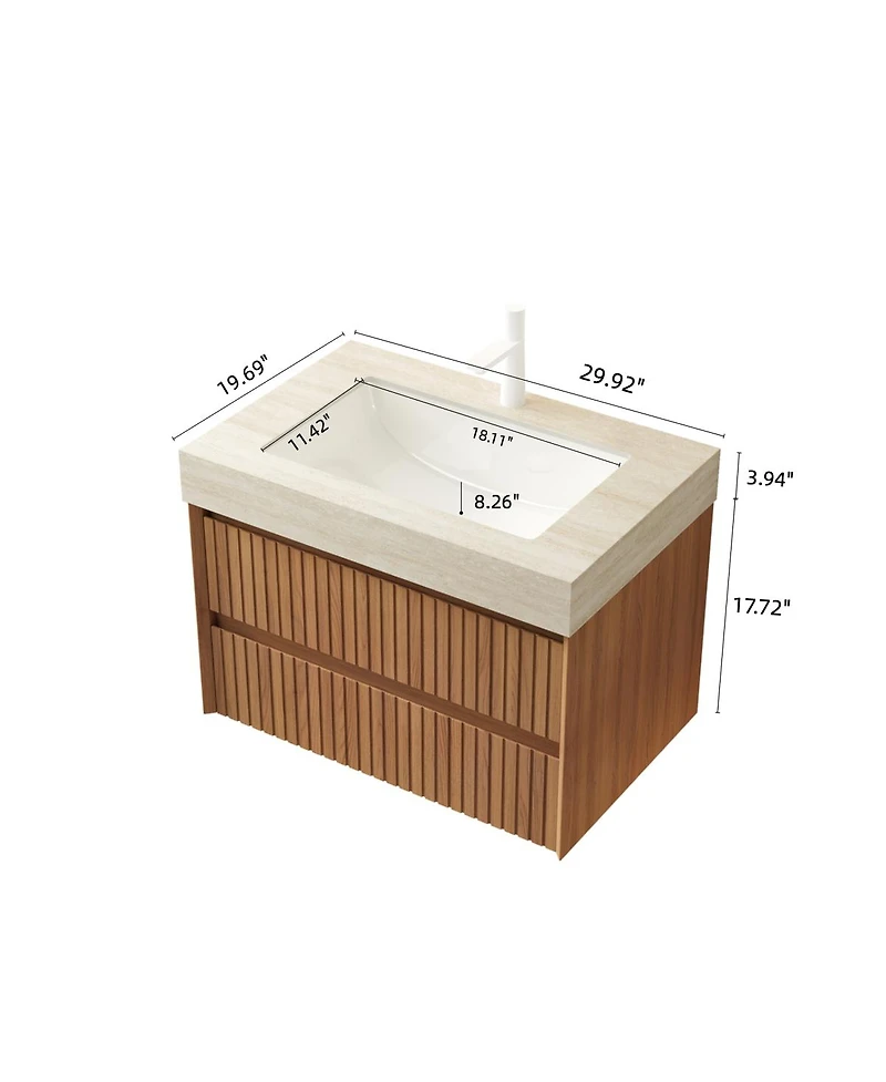 Sillysis Floating Bathroom Vanity with Roma Travertine Sintered Stone Top, Solid Wood Drawer, Plywood Cabinet, Pre-assembled