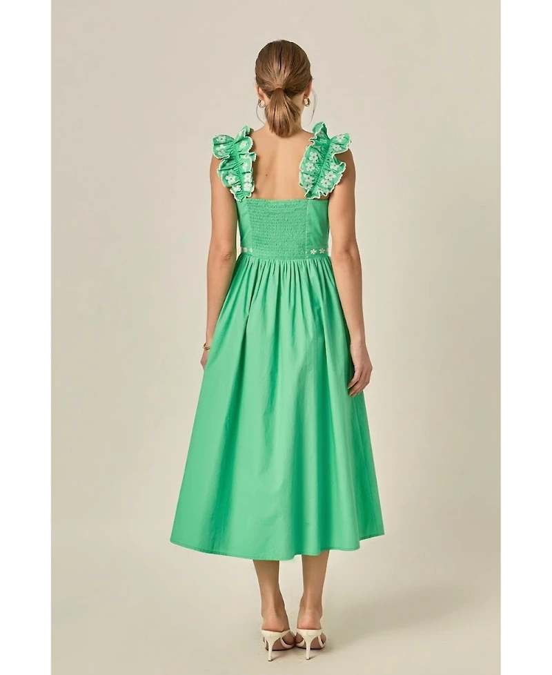 English Factory Women's Flower Embroidered Ruffle Midi Dress