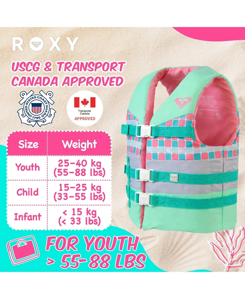 Roxy Uscg Approved Teen and Youth Life Vest Pfd, Light-Weight Epe Foam, Three Belts with Quick-Release Buckles for Fishing, Boating and Kayaking