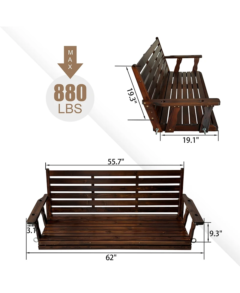 Mega Casa 3-Seater 5 Ft Wooden Porch Swing for Outdoor Patio Garden