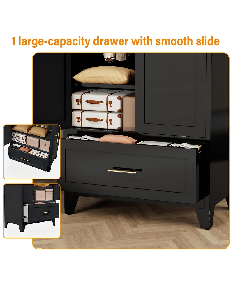 Rainsken Wardrobe Cabinet, 60" Tall Armoire Wardrobe Closet with 1 Drawer, 2 Doors and Hanging Rod, Farmhouse Clothing Storage Cabinet for Bedroom