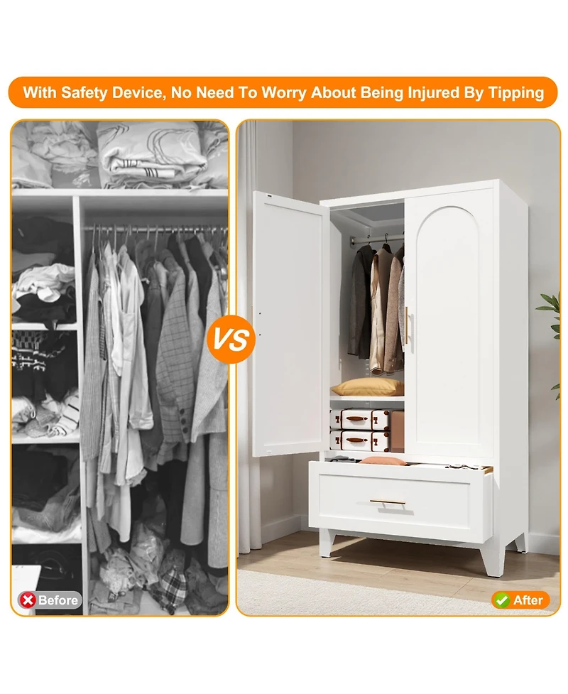 Rainsken 60 Inch Tall Farmhouse Armoire Wardrobe Closet, Clothing Storage Cabinet with 2 Doors, 1 Drawer and Hanging Rod for Bedroom