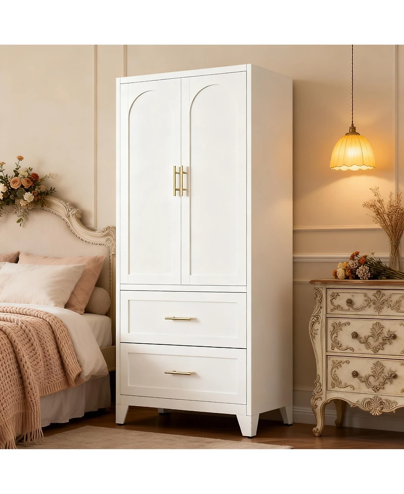 Rainsken Metal Wardrobe Cabinet, 71" Tall Armoire Wardrobe Closet with 2 Doors, 2 Drawers, Hanging Rod and Shelf, Storage Cabinet for Bedroom